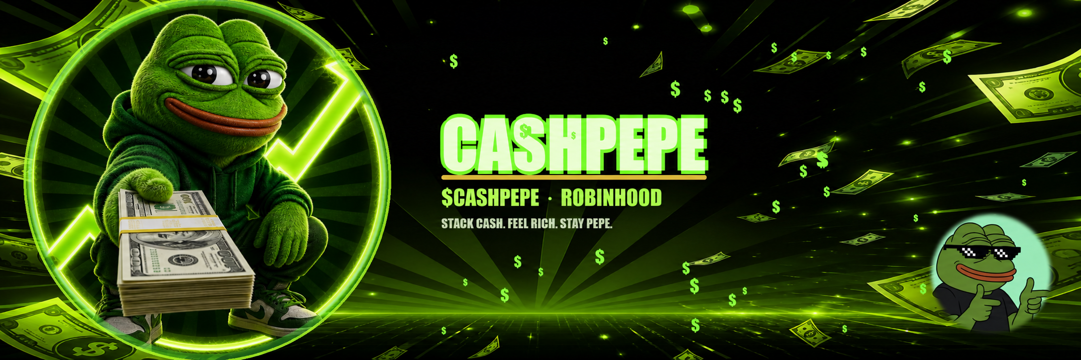 CASHPEPE holding cash inside a neon green circle